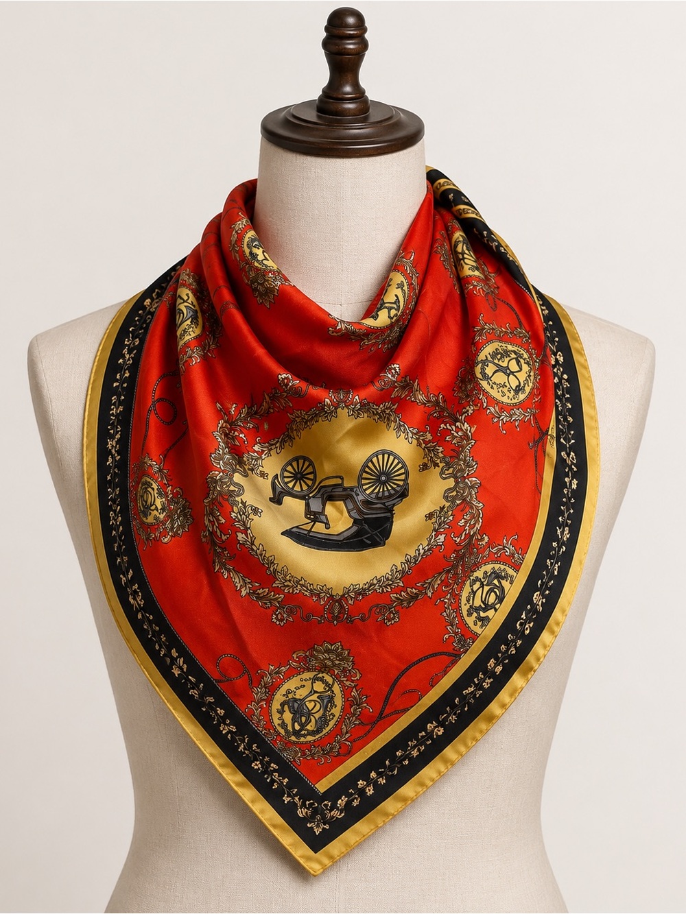 Vintage Style Equestrian Square Scarf Red Gold Baroque Viscose Silk Blend